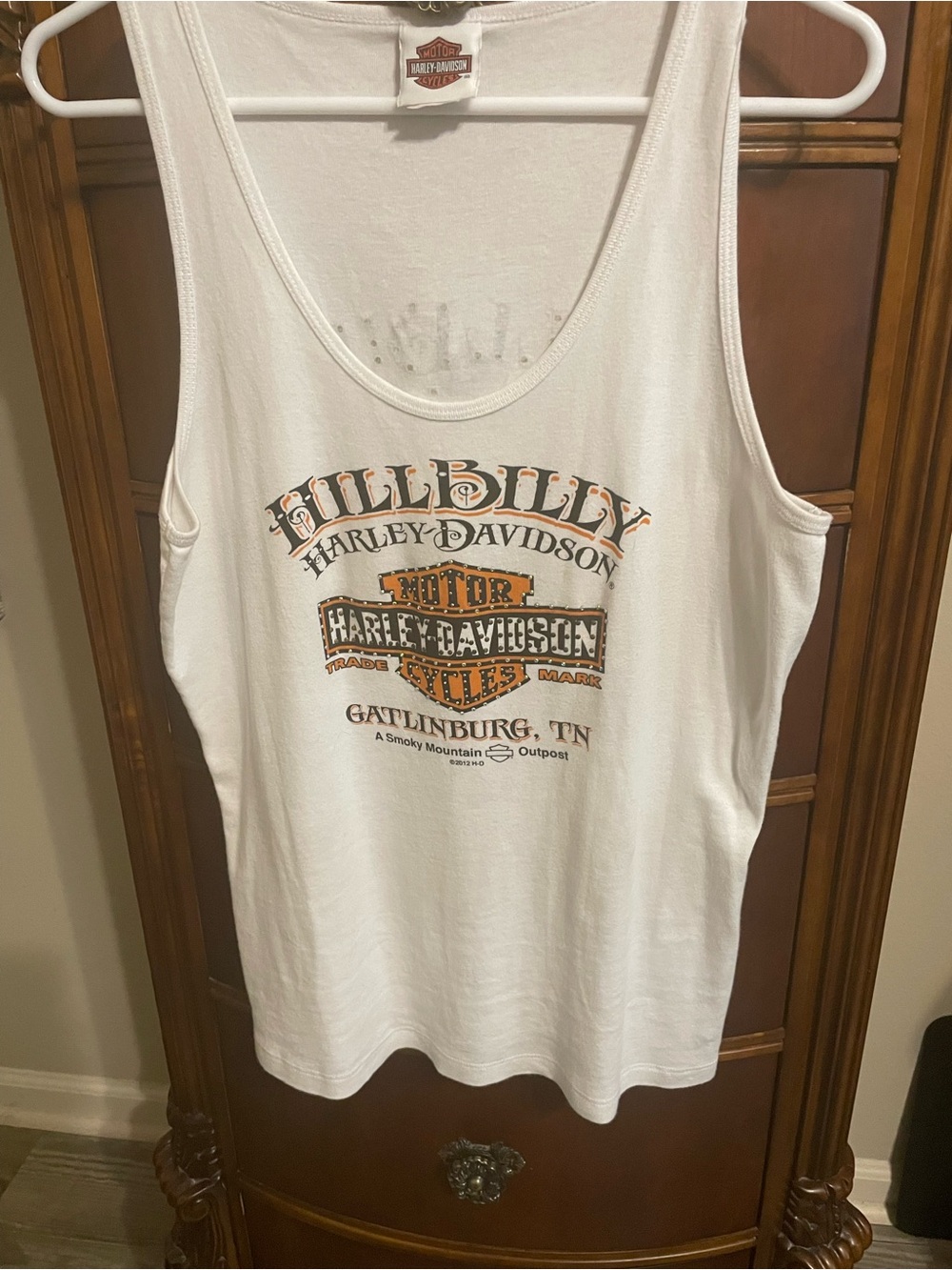 Harley-Davidson White Tank Top with Orange and Black Graphic
